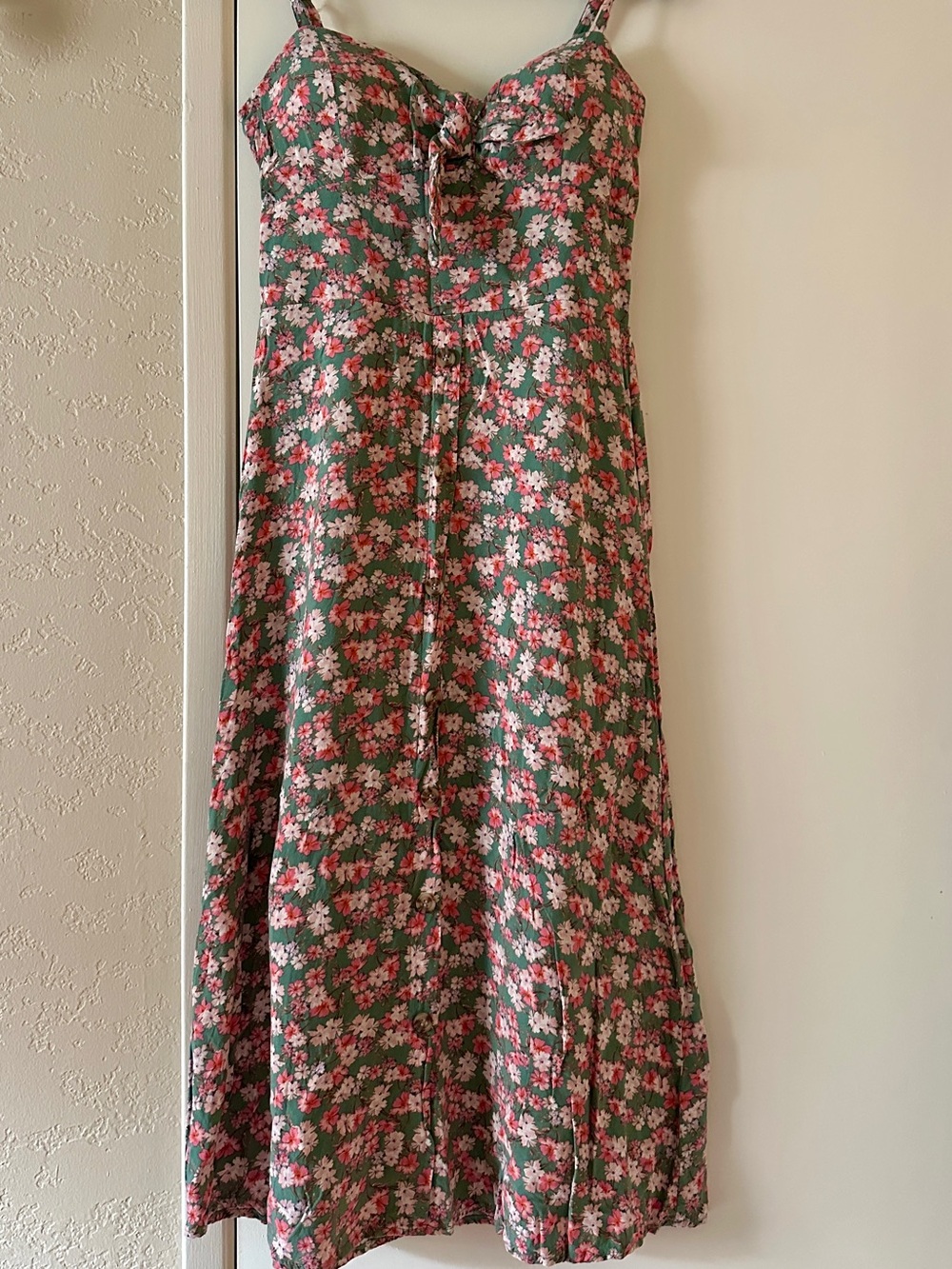 As U Wish Sun Dress-Size Small- Tie Top, Green with Pink & White Floral Accents